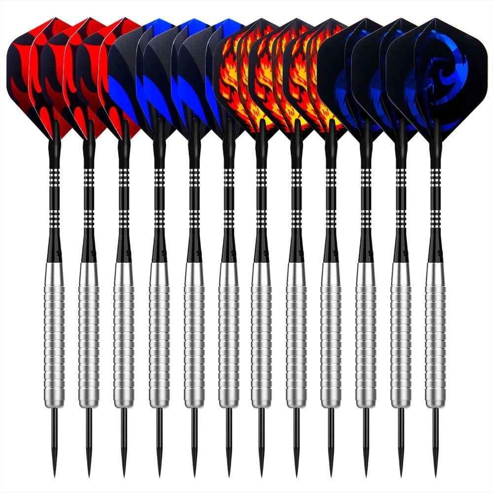 Sametop 12 Packs Steel Tip Darts Set 22 Grams with Different Style Flights, Aluminum Shafts, Nickel Silver Barrels and Dart Sharpener